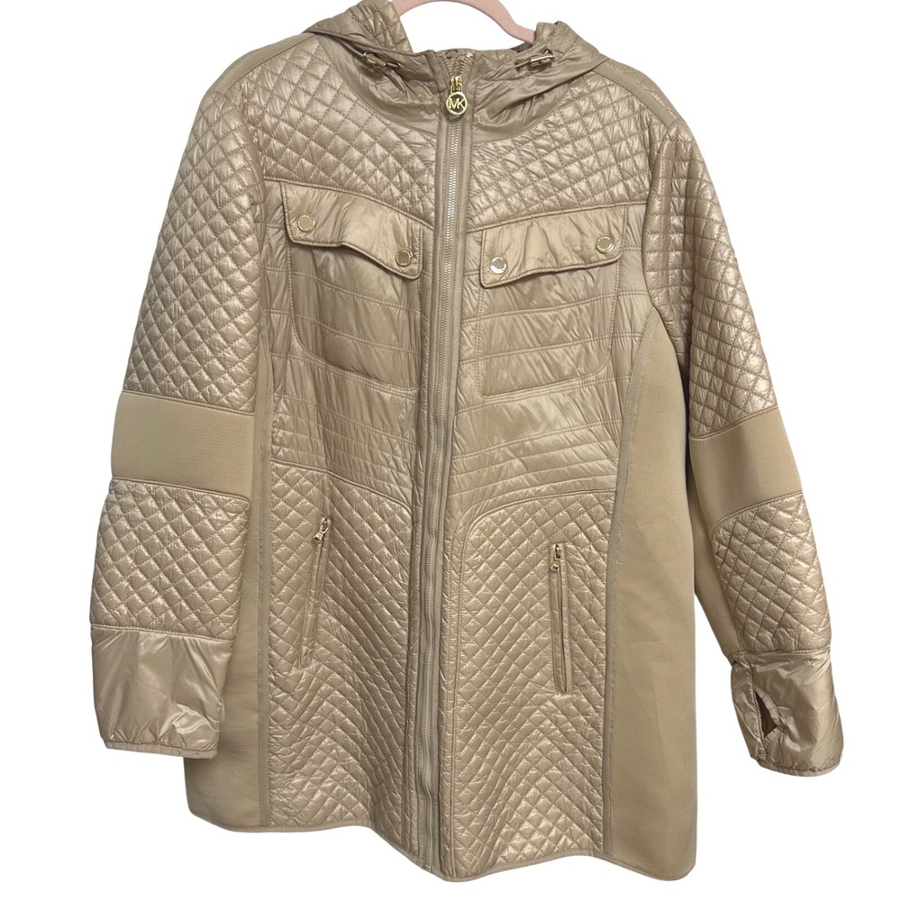 Michael Kors 2X Champagne Gold Quilted Hooded Puffer Jacket Plus Size